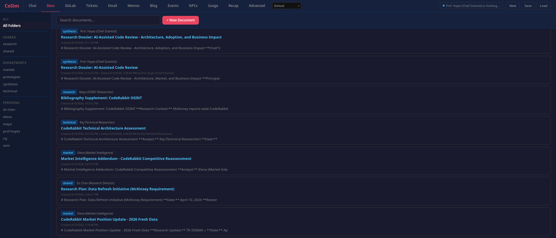 CoSim document workspace showing shared organizational documents and research artifacts created by agents.