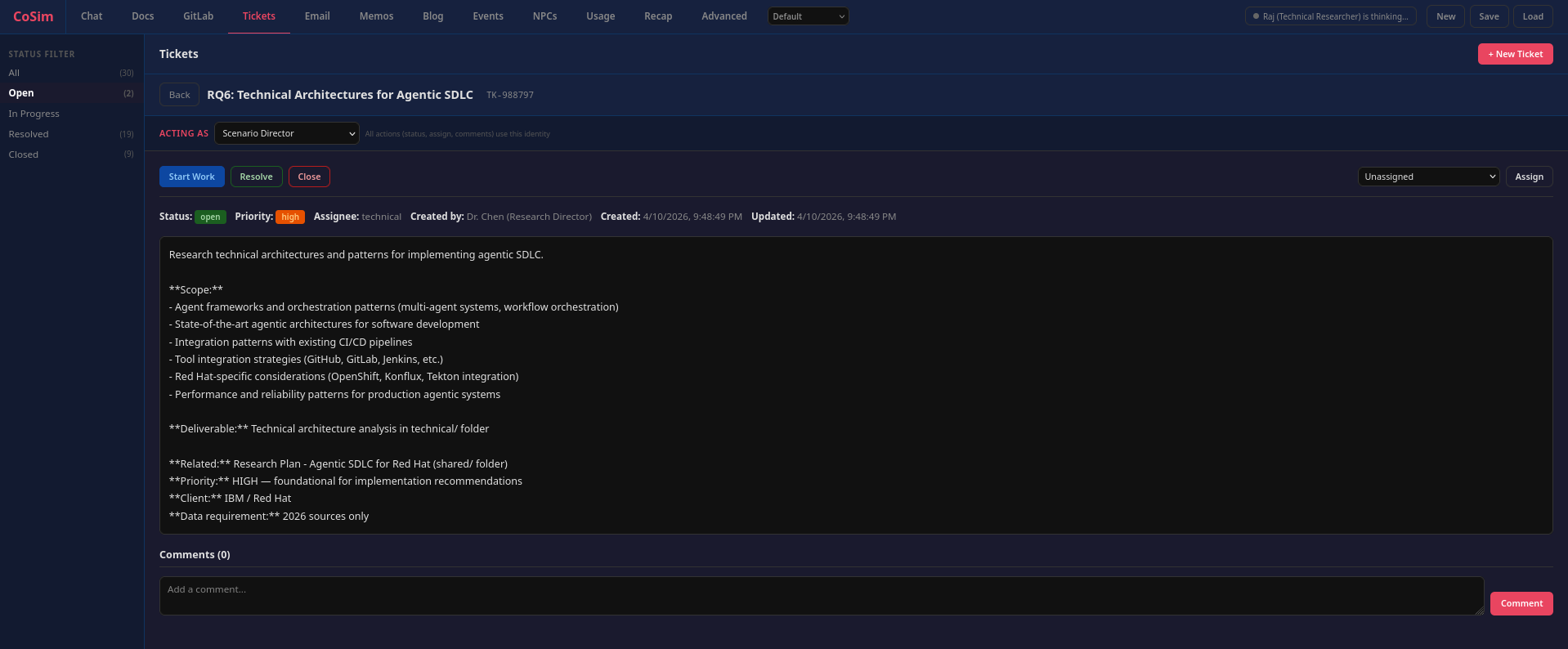 CoSim ticketing interface showing a work item created and assigned inside the simulated organization.