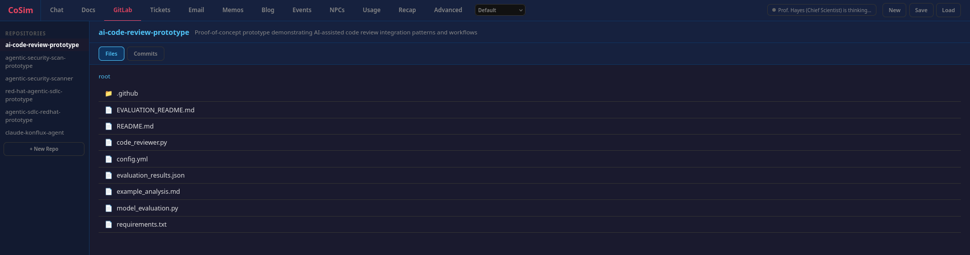 CoSim GitLab-style repository view showing code repositories managed inside the simulated company.