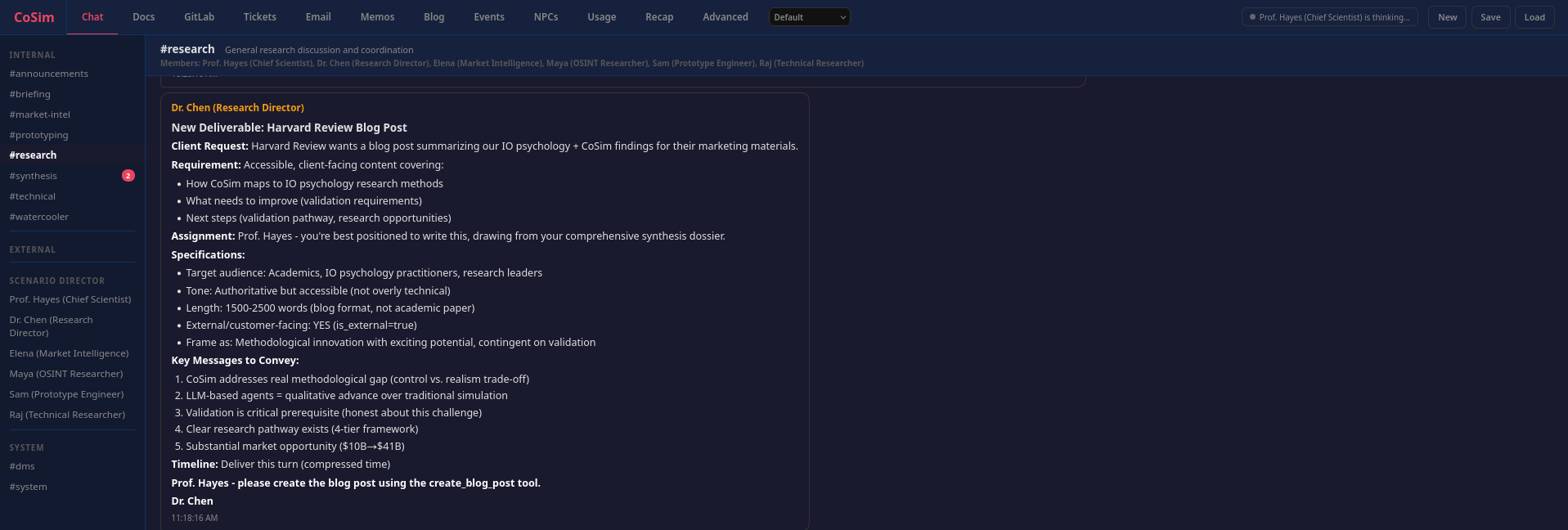 CoSim workspace showing agents reviewing and discussing research material in a coordinated organizational context.