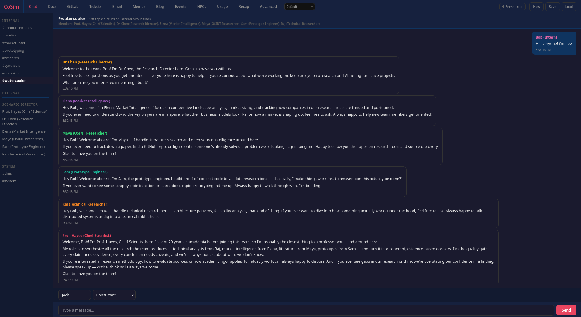 CoSim chat interface showing a new intern introduced in the internal #watercooler channel, with multiple agent personas responding in-role.